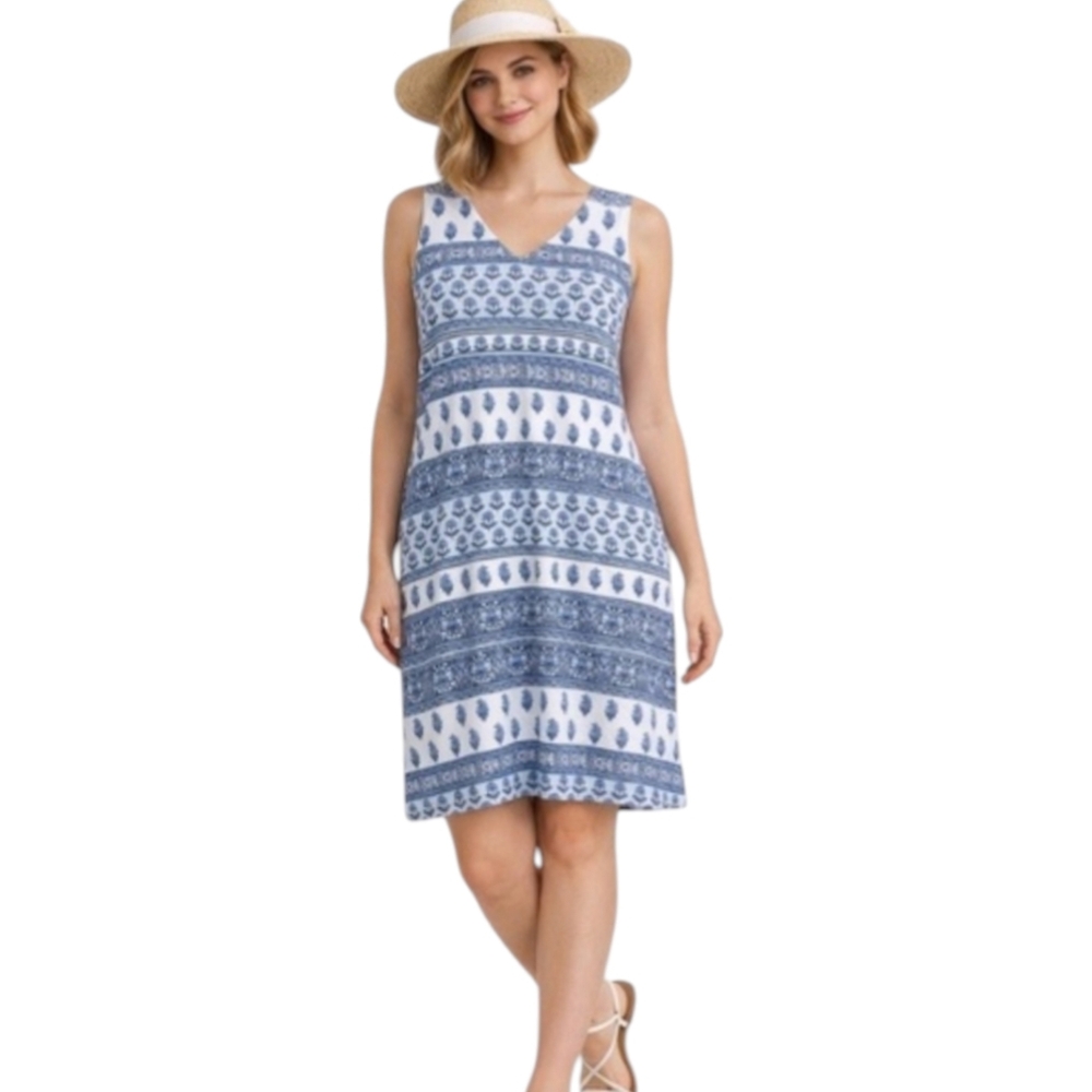 J. Jill Wearever Collection Blue White Print Sleeveless Travel Dress Sz S NWT